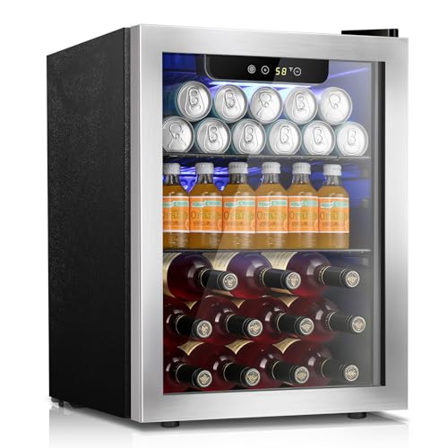 Kismile 68 Can Beverage Refrigerator,1.7 Cu.Ft Mini Fridge with Seamless Stainless Steel Glass Door,16 Bottle Wine Coole - Detailed View