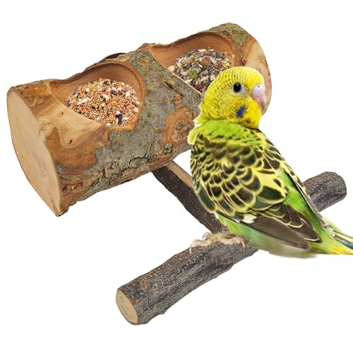 Image of Wooden Bird Feeding Dish Cups Perch Stand Hanging Feeder Solid Wood Parrot Feeding Bowl for Parakeets Conures Cockatiels Budgie Parrot