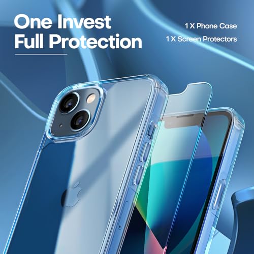 Image of TAURI for iPhone 13 Case, with Screen Protector, Clear | Anti-Yellowing Military-Grade Protection Shockproof Slim Phone Case for iPhone 13