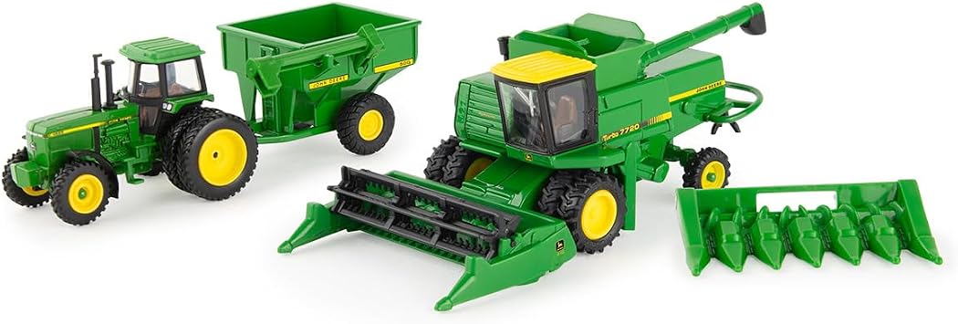John Deere 1/64 Scale 5 pc Harvesting Set 4555 Tractor, 7720 Combine w/2 Heads, 500 Grain Cart