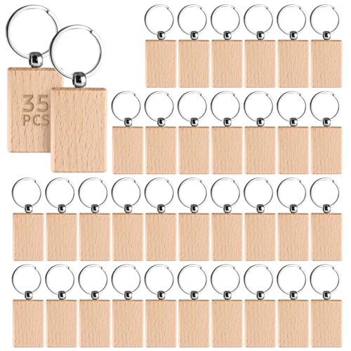 WOPPLXY 35 Stück Schlüsselanhänger Holz 5 x 3 5cm Schlüsselanhänger Rohling Rechteckig DIY Schlüsselanhanger Blanko für Bemalen DIY Dekoration Geschenke Schnitzerei