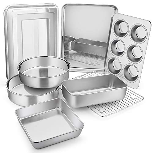 E-far 9-Piece Bakeware Sets, Stainless Steel Baking Pan Set Include 8 Inch Cake Pan, 12.4x9.7 Baking Pan with Lid, 8x8 Baking Pan, Loaf Pan, Muffin Pan, Baking Sheet with Rack, Dishwasher Safe