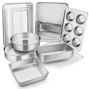 E-far 9-Piece Bakeware Sets, Stainless Steel Baking Pan Set Include 8 Inch Cake Pan, 12.4×9.7 Baking Pan with Lid, 8×8 Baking Pan, Loaf Pan, Muffin Pan, Baking Sheet with Rack, Dishwasher Safe