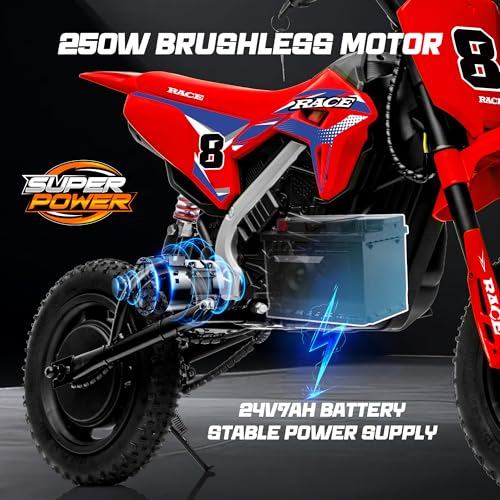 Image of 24V Kids Electric Dirt Bike - 250W Electric Motorcycle, 11 Mph Max Speed Electric Motorcycle Mini Bike with Music, 10 Miles Range, Twist Grip Throttle, Metal Suspension, Rubber Tires (Red)