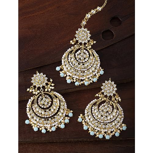 Image of Peora Traditional Jewellery Rhodium Kundan & Pearl Maang Tikka Earring Set for Women Girls