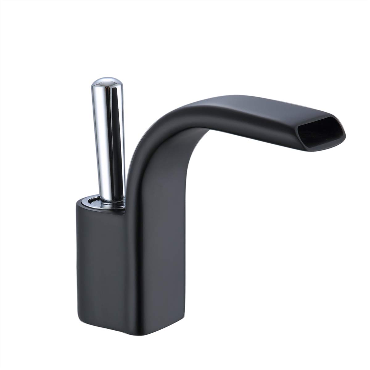 YUELIFE Single Handle Waterfall Bathroom Faucet with Lead Free Brass Body and Wide Spout, Commercial Deck Mounted Bathroom Faucets with Supply Hose, Black and