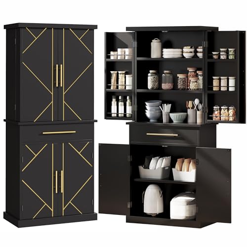 DWVO 72" Kitchen Pantry Storage Cabinet, Tall Modern Food Buffet Cabinets with Drawer & Adjustable Shelves & Door Rack, Freestanding Wood Storage Cupboard for Dining Room, Living Room, Bathroom, Black