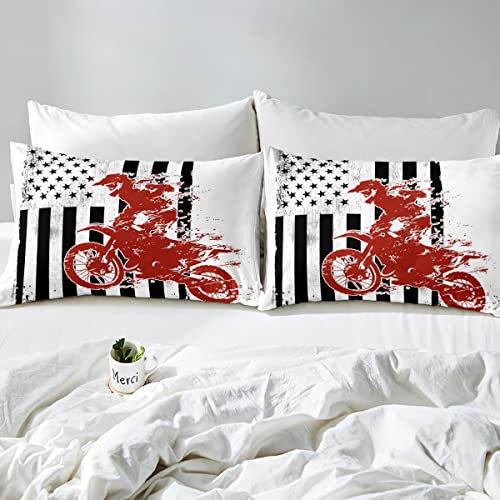 American Flag Comforter Cover Motocross Rider Bedding Set For Kids Boys Teens,United States Flag Black White Duvet Cover Speed Dirt Bike Bed Set Motorbike Kids Car Theme Room Decor Queen Size #TOP3