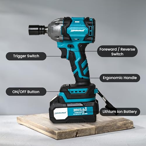 Image of Tomahawk TSW-9548 Cordless Impact Wrench | 20 V - 3.0 Ah Battery | Brushless Motor, High Torque | With LED Light and Battery Indicator