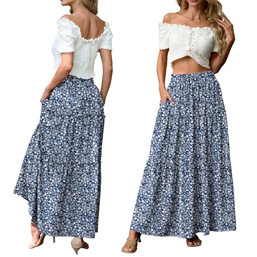Image of Lepunuo Womens Casual Boho High Waisted Flowy Maxi Skirts Tiered Floral Long Skirts with Pockets for Summer Beach Vacation