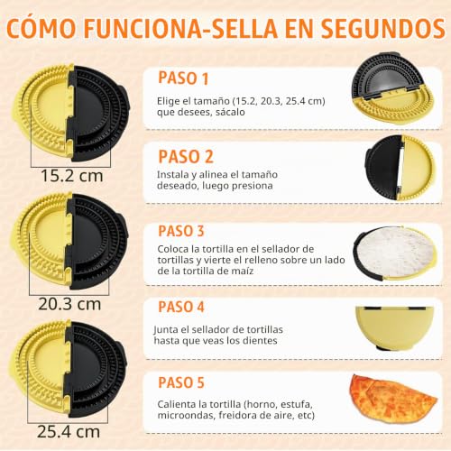 Miniatura 2 de Lomdung Sellador De Tortilla 3 En 1, 15,2-20,3-25,4cm Desmontable Maquina De Hacer Tortillas, Crimpadora Para Envolturas, Para Tostadas, Sandwichera, Bola De Masa Hervida, Burritos Negro Y Amarillo