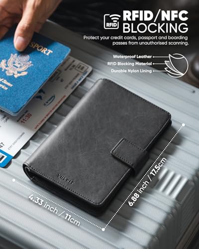 Image of VULKIT Passport Wallet Compatible with Airtag Holder RFID Blocking Bifold Travel Card Holder, Dark Grey, Small, Minimalist