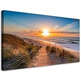 Feeby Leinwand Bilder - Bild Wohnzimmer - Sonnenuntergang am Strand - 120x60 1tlg - Deko Schlafzimmer Groß - Dekoration Canvas - Gemälde - Modern Wandbilder - Kunstdruck