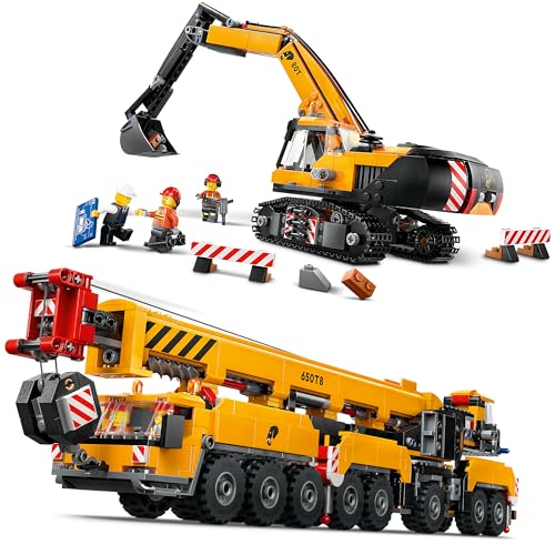 Lego City Kran & Bagger Baustellen Bundle - Mobiler Baukran (60409) und Raupenbagger (60420), Fahrzeuge Kombi-Set Ab 9 Jahren - City Neuheiten 2024