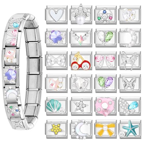 papasgix Italian Charm Bracelet Silver Set with 1pc Starter Brascelet 20pcs Assorted Charms 1pc Opening Tool 9mm Modular Italian Charm Bracelet Links Handmade DIY Jewelry2