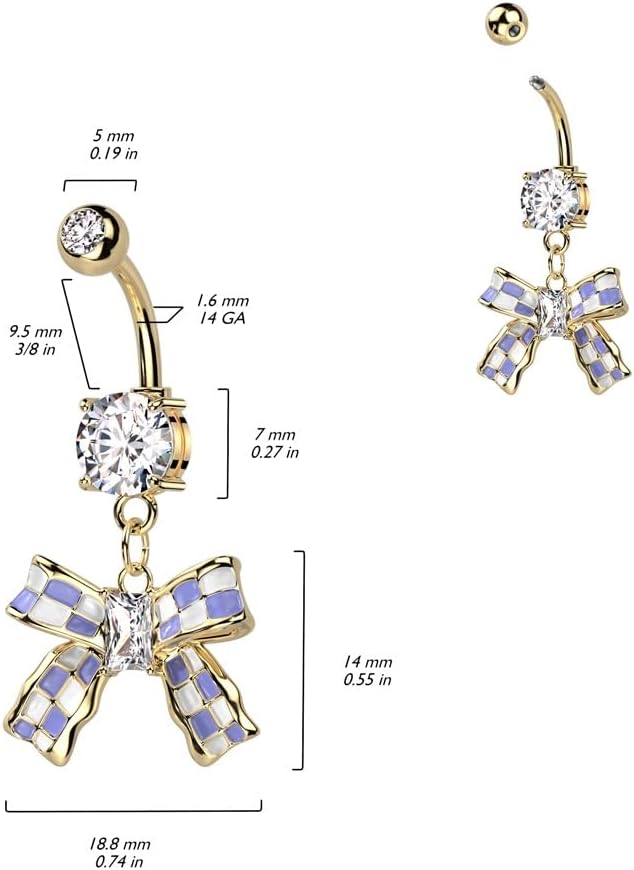 14GA 14kt Gold Plated 316L Stainless Steel CZ Crystal Purple and White Checkered Ribbon Dangling Belly Button Ring - Image 2