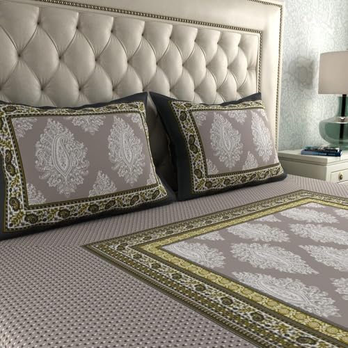 Image of La Verne 104 TC Cotton Double Bed Bedsheet Jaipuri Rajasthani Print Bedsheet with 2 Pillow Covers (Grey)