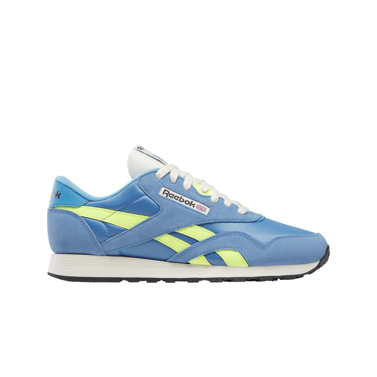 Reebok Men's Classic Nylon Sneaker, Essential Blue/Solar Acid Yellow/Vintage Chalk, 12.5