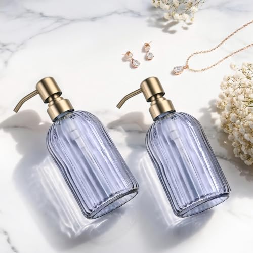 Image of 16 OZ Blue Grey Striped Glass Soap Dispenser with Brushed Gold Pump
