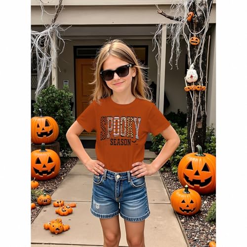 CM C&M WODRO Girls Halloween T-Shirt Leopard Spooky Season Letter Graphic Tee Shirt Short Sleeve Cute Funny Kids Fall Tops3