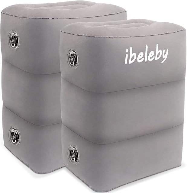 iBeleby Airplane Foot Rest, Inflatable Travel Pillow for Kids to Sleep, Adjustable Height Leg Rest Pillow in Office & Home, Portable Travel Accessories for Long Flight, Car (Grey-2 Packs)