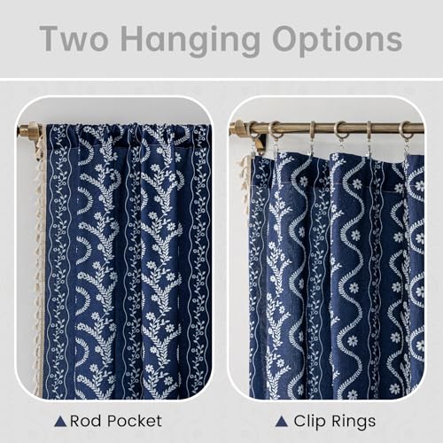 Image of Navy Blue Boho Curtains 45 Inch Long for Living Room, Bedroom, 2 Panels Floral Farmhouse Vintage Tassel Semi Sheer Light Filtering Privacy Window Curtain Drapes with Rod Pocket, Navy Blue