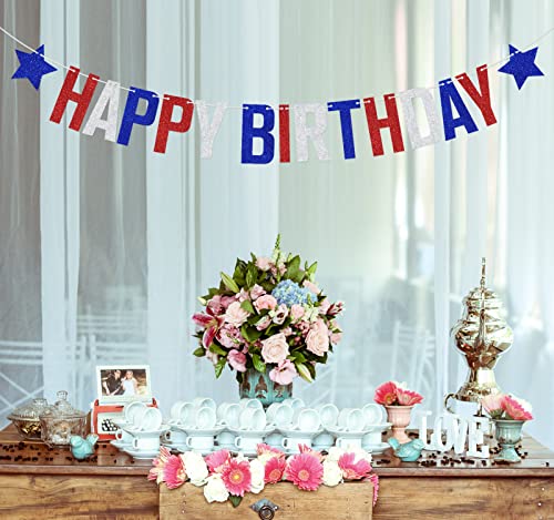 Image of 4th of July Happy Birthday Banner, Independence Day Birthday Party Decorations, Patriotic Independence Day Themed Birthday Decorations Blue Red White Glitter