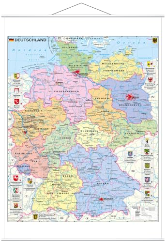Deutschland politisch mit Wappen - Wandkarte mit...