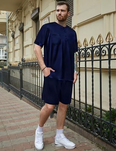 SWOMOG Men Satin Pajamas Set Short Sleeve Silk Sleepwear Button Down 2 Piece Loungewear with Pockets Deep Navy Blue 3X-Large4