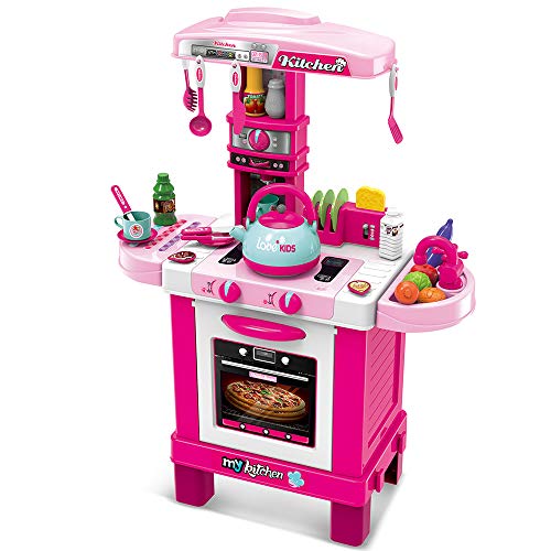 BAKAJI- Cocina Juguete Niños Luces Sonidos y Hervidor de Agua 29 Accesorios Rosa, Color, 87 x 64 x 29 cm (RinTalen)