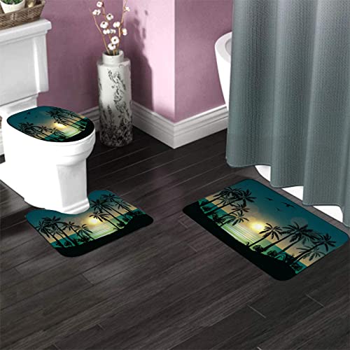 Badezimmerteppich-Set, 3-teilig, Summer Beach Night Palm Sunset, waschbare Badeteppiche, rutschfest, mit Rückenpolster, Konturteppich und Toilettendeckelbezug – Bild 4