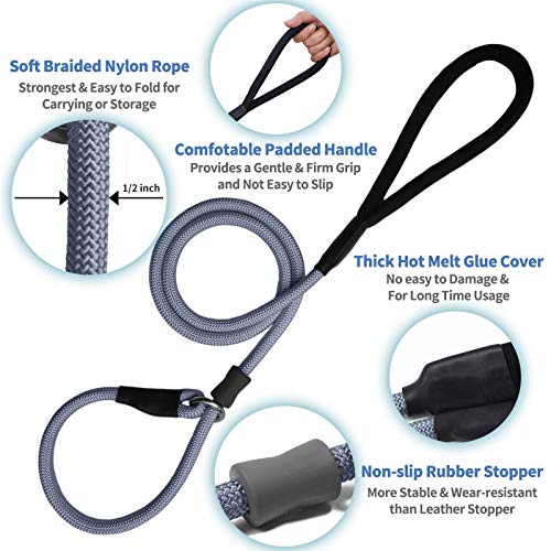Strong Slip Rope Dog Training Leash (4Ft) - Heavy Duty Durable Braided Nylon Lead With Rubber Stopper & Padded Handle - No Pull Walking Climbing For Medium Large Dogs (Grey, 1/2" X 4Ft) #TOP4