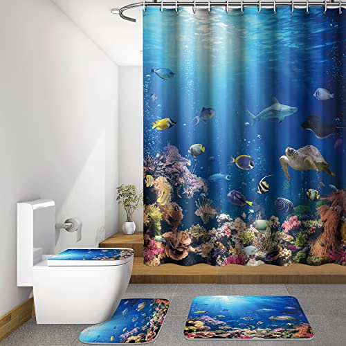 Diycam 4 Piece Shower Curtain Sets, Coral Reefs And Fish With Non-Slip Rugs, Toilet Lid Cover And Bath Mat, Durable And Waterproof, For Bathroom Decor Set, With 12 Hooks, 72" X 72" #TOP2
