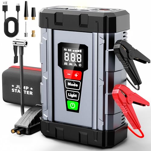 Jump Starter with Air Compressor 3000A, Portable Car Battery Jump Starter for 8L Gas / 6L Diesel Engines, 150 PSI Tire Inflator, 20000mAh Jump Box with LED Light, Jumper Cables, 10 Safety Protections