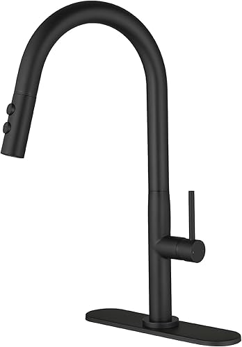 Miniatura 1 de BWE Grifos de cocina con rociador desplegable de 2 funciones de arco alto negro mate grifo de fregadero de cocina de latón de una sola manija con