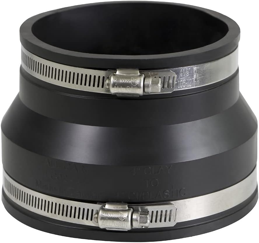 6I89 Flexible Rubber Coupling with Stainless Steel Clamps, 4 Cast Iron / PVC x 4 Clay, Black