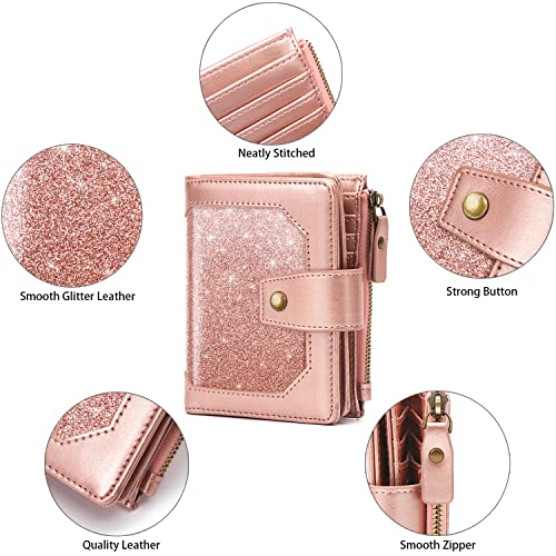 Image of Small Glitter Women Wallet,Bifold Purse RFID Blocking Credit Card Holder Wallet with Zipper Pocket,Rose Gold Glitter