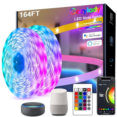 Cozylady RGB LED Strip Lights 164 FT, WiFi LED Light Compatible with Alexa and Google Home, Music Sync with Smart APP, LED Lights Strip for Bedroom, Children's Room Decor, Kitchen