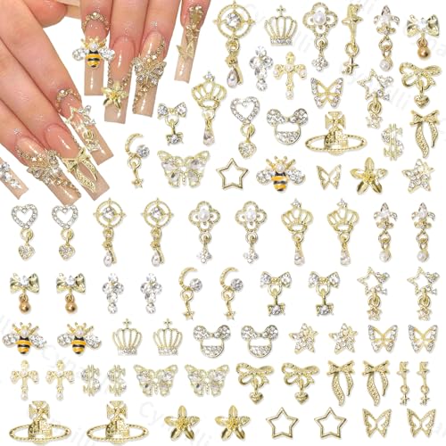 50 Pcs Gold Nail Charms, Gold Dangle Star Heart Bows Nail Charms and Gems Metal Bees Butterfly Crown Planet Cross Dollar Sign Golden Nails Art Supplies for Women DIY Accessories