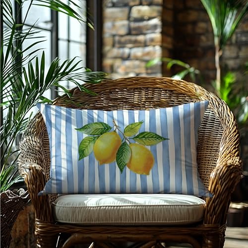 Image of Blue and Yellow Summer Italian Mediterranean Amalfi Coast Lemon Pillow Cover Decor 12x20,Italian Striped Decorative Throw Pillow Cover Decor for Couch Double-Sided