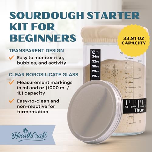 Image of Sourdough Starter Jar Kit 34oz - Wide Mouth Glass Jar with Thermometer Strip, Feeding Day Tracker, Silicone Spatula, Cloth Cover, Measuring Cups & Metal Lid for Homemade Artisan Sourdough Bread Baking