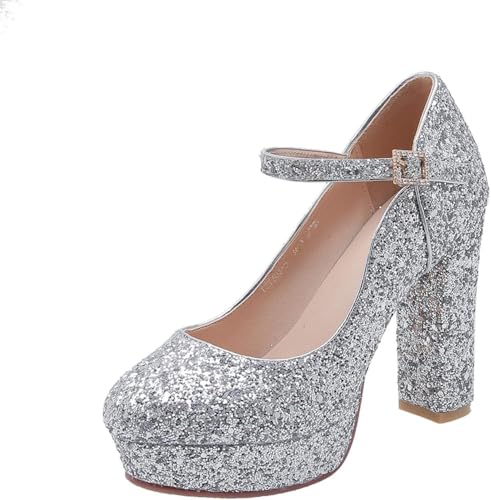 Women's Round Toe High Heels Mary Jane Thick Soled Paired with PU Leather and Lace up Bridal Shoes