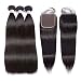 AMZTMY Brazilian Straight Virgin Hair 3 Bundles With Closure Free Part, Grade 7A 100% Unprocessed Remy Human Hair Extensions, Hair Weft Weave With Lace Closure, Natural Color (10 12 14+10 inch)