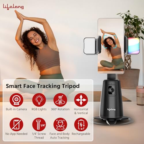 Image of Lifelong Rechargeable AI Auto Face Tracking Tripod Phone Holder | 360 Rotation | Mobile Stand with Camera for Video Recording & Shooting | No App Needed | Gimbal with Light, Remote & Gesture Control