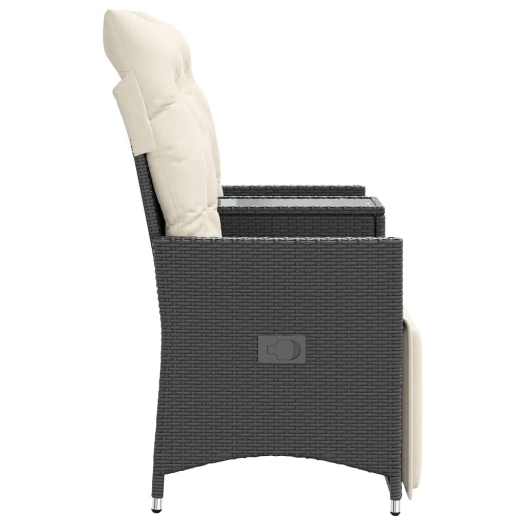 IKAYAA Balkonmöbel Set mit integriertem Tisch, Verstellbare Hochlehner Stühlen, Polyrattan Gartenbank 2-Sitzer, Gartensofa 2-Sitzer, Balkon Sitzgruppe, Schwarz, Hartglas Tisch