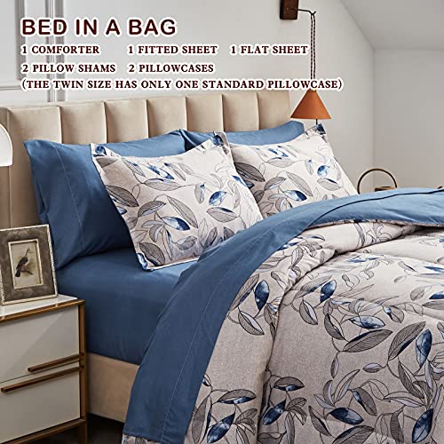 Joyreap 7 Piece Botanical Bed In A Bag King, Royalblue N Gray Leaves Design, Microfiber Comforter Set For All Season- 1 Comforter, 2 Pillow Shams, 1 Flat Sheet, 1 Fitted Sheet, 2 Pillowcases #TOP3