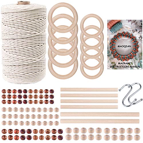 120pcs Macrame Kits for Beginners 3mm x 220yards Natural Cotton Macrame Cord Wall Hanging Kit, Best Macrame Supplies for Macrame Plant Hanger with Wooden Beads,Wooden Rings,Wooden Sticks,S Hooks