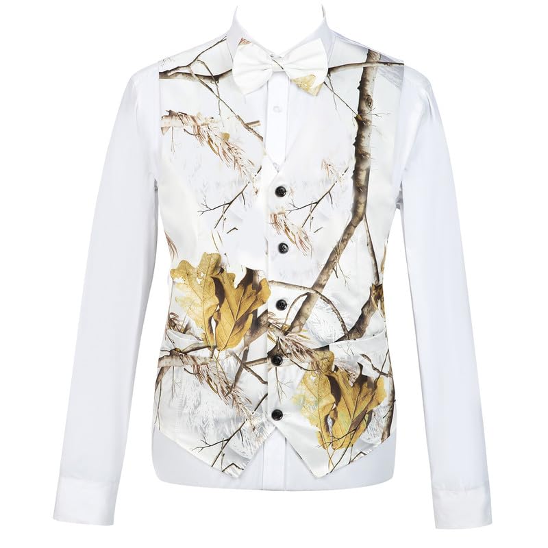 Mens 5 Button Real Tree Camo White Slim Fit Vests (Vest+Bowtie)