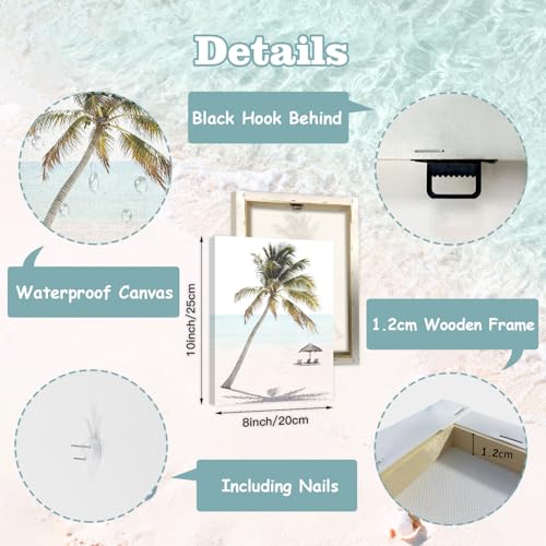 Image of CHDITB Beach Framed Canvas Wall Art, Coastal Palm Tree Artwork, Tropical Ocean Wall Decor, Boho Surfboard Poster, Pink Aesthetic Summer wave Art Prints For Living Room Seaside Cottage Decor 8 inchX10 inchx6