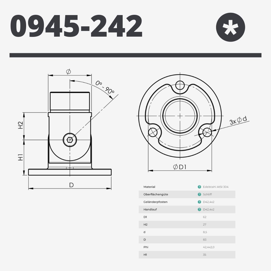 Sellon24® Brida de pared de acero inoxidable con articulación V2A 42,4, accesorio de barandilla, brida de 0 a 90 grados, pasamanos, tubo de escaleras regulables, conector de brida de tubo, brida, tubo